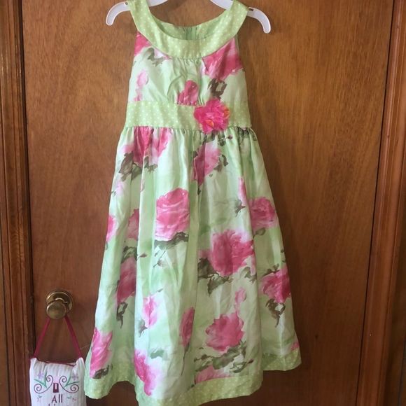 •BONNIE JEAN•GREEN & PINK FLORAL WITH POLKA DOT TRIM DETAIL DRESS SIZE 7 EUC - Picture 2 of 7